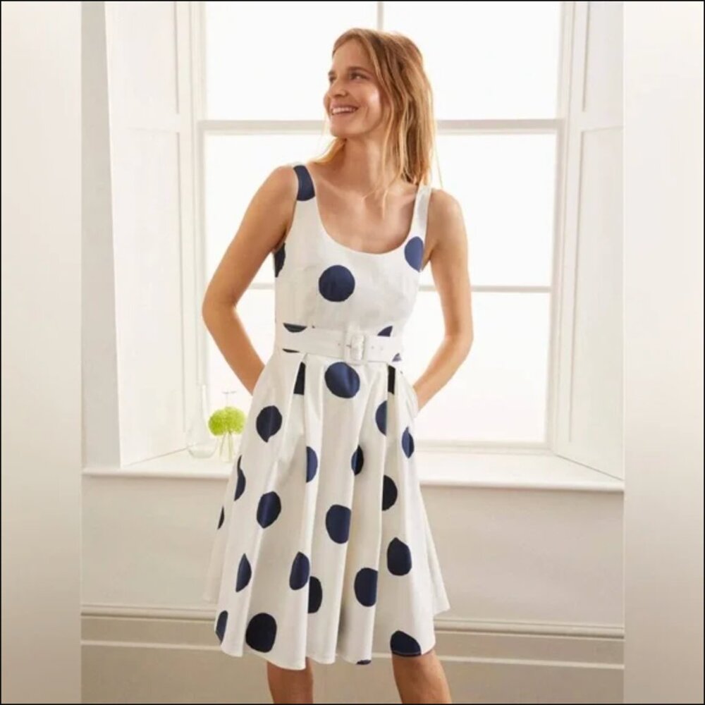 Boden White Midi Dress with Navy Polka Dots